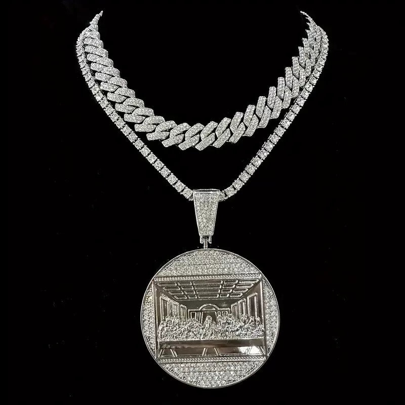 White Gold Jesus Pendant - Iced Last Supper Scene