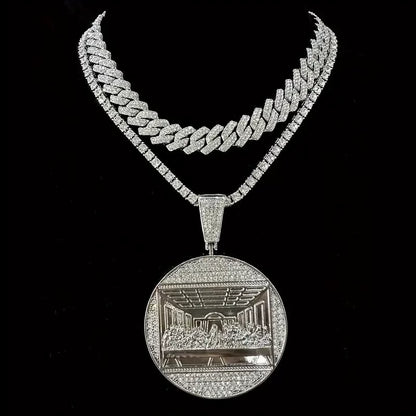 White Gold Jesus Pendant - Iced Last Supper Scene
