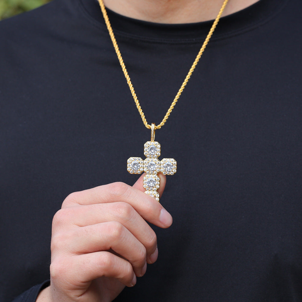 Gold Cross Pendant - Five Stone Halo Cross