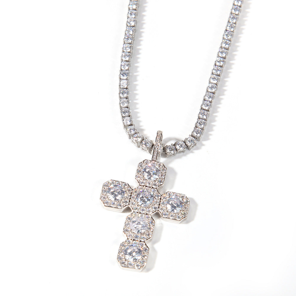 White Gold Cross Pendant - Five Stone Halo Cross