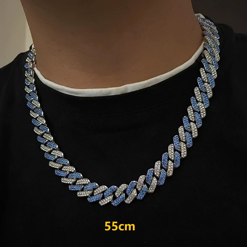 13MM white gold Cuban link chain worn around the neck for fit and style with 55cm text visible