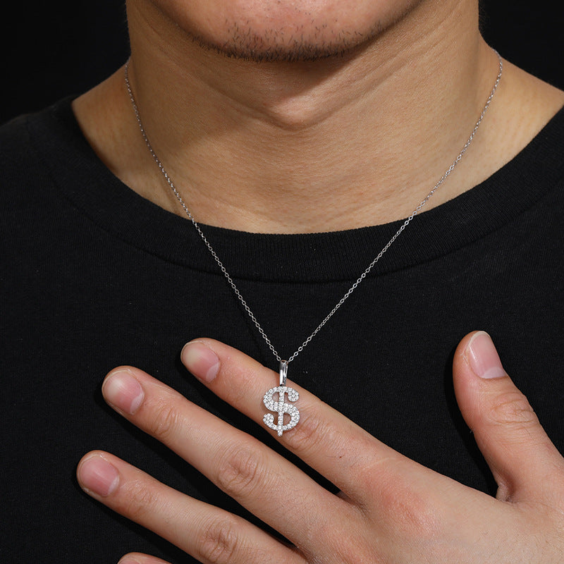 White Gold Moissanite Pendant - S925 Iced Dollar Sign
