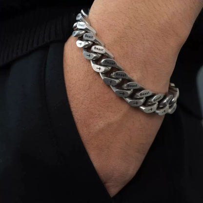 12MM White Gold Cuban Link Bracelet - Beast & Cross Engraved Links