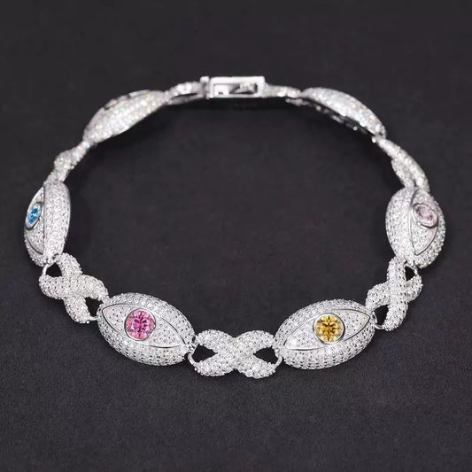 14MM White Gold Evil Eye Bracelet - Multicolor Stone Eyes