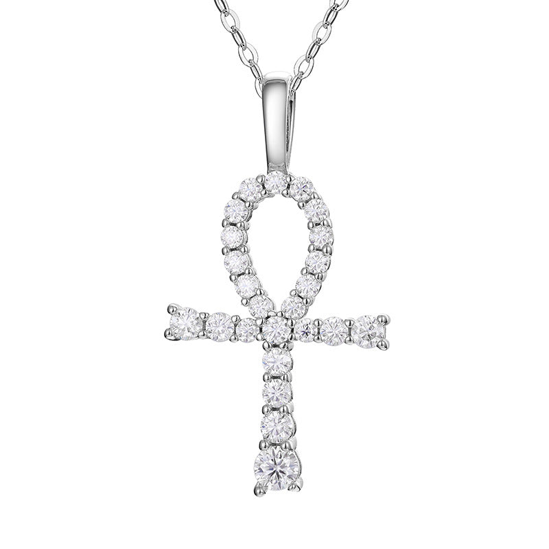 White Gold Moissanite Pendant - S925 Iced Ankh Cross