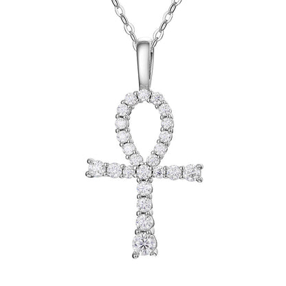 White Gold Moissanite Pendant - S925 Iced Ankh Cross