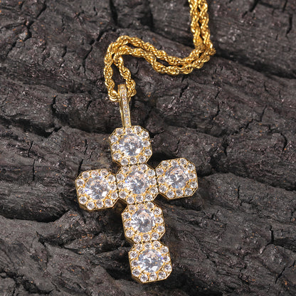 Gold Cross Pendant - Five Stone Halo Cross