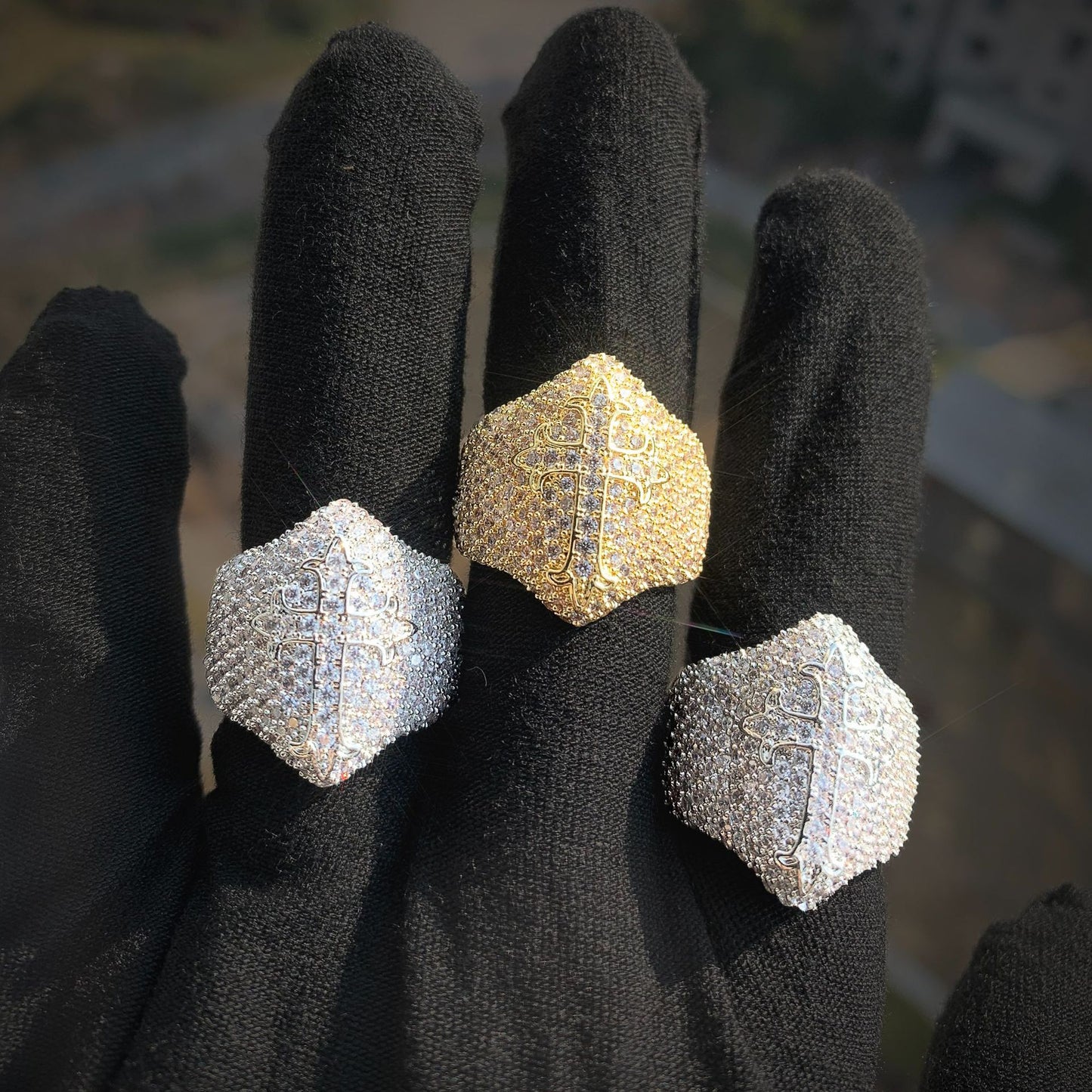 Gold Cross Ring - Raised Cross Iced Signet Face