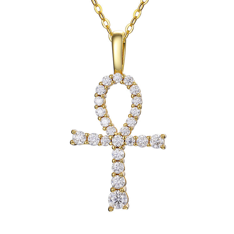 Gold Moissanite Pendant - S925 Iced Ankh Cross
