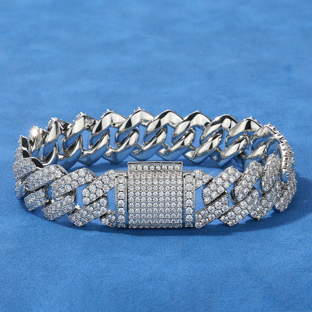 14MM White Gold Cuban Link Bracelet - Silver Slash Pavé Links
