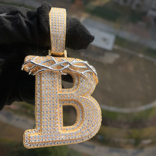 Gold Custom Initial Pendant - Iced Out Thorn Crown Letter
