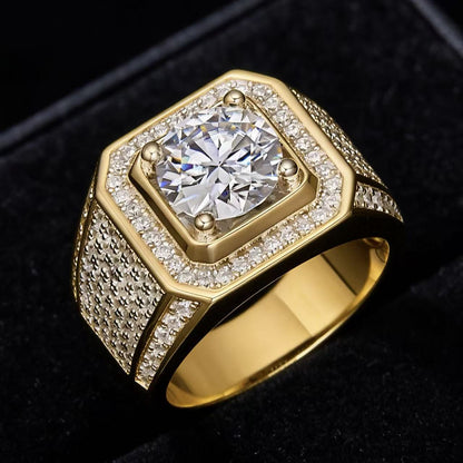 Gold Signet Ring - Octagon Halo Iced Panels
