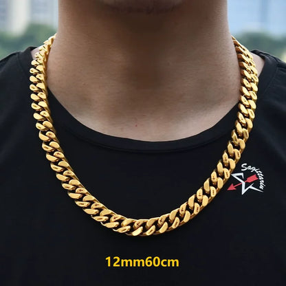 12MM Gold Miami Cuban Link Chain - Holy & Cross Engraved Links