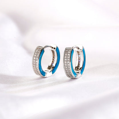White Gold Hoop Earrings - Luminous Aqua Enamel