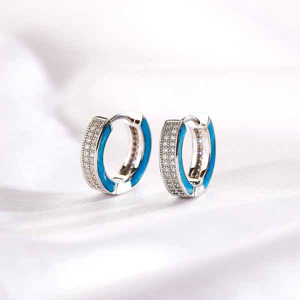 White Gold Hoop Earrings - Luminous Aqua Enamel