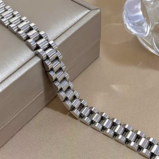 15MM White Gold Watch Link Bracelet - Bold Barrel Links