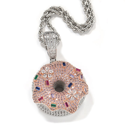 White Gold Donut Pendant - Multicolor Stone Sprinkles