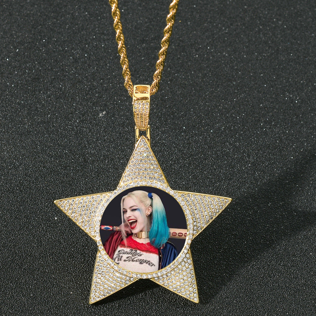 Gold Picture Pendant - Iced Star Portrait