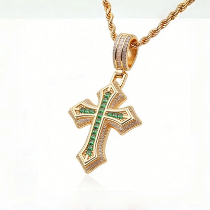 Gold Cross Pendant - Green Stone Flared Cross