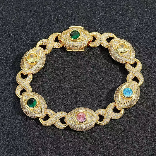 14MM Gold Evil Eye Bracelet - Multicolor Stone Eyes