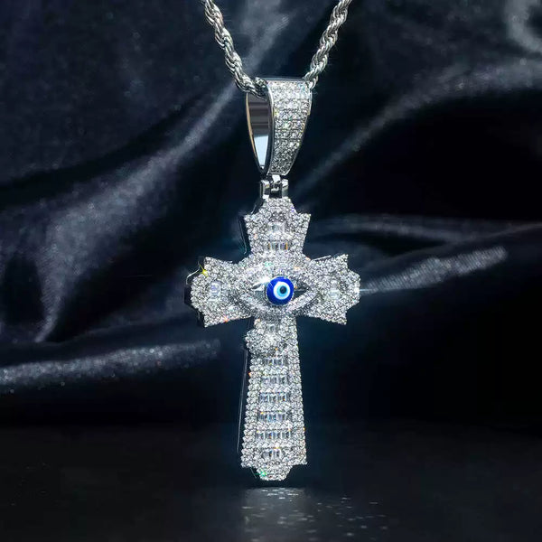 White Gold Cross Pendant - Iced Out Evil Eye Cross