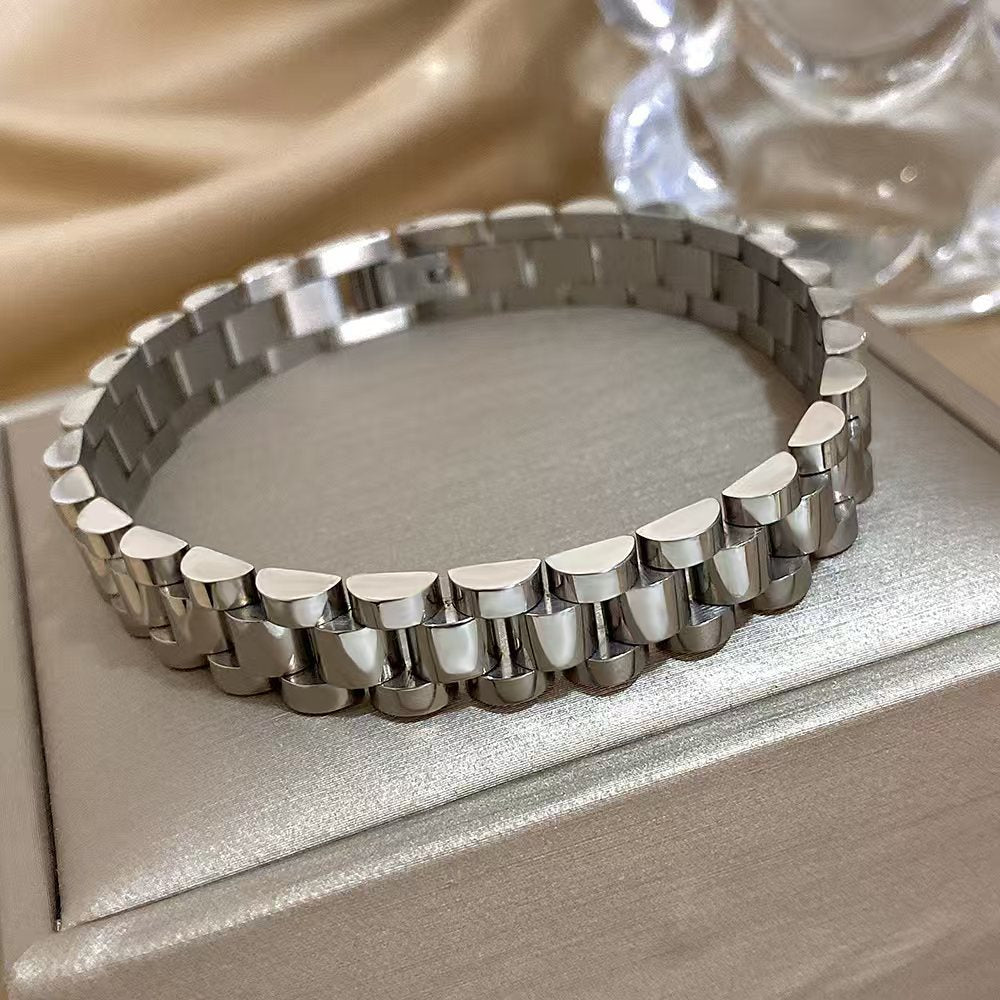 10MM White Gold Watch Link Bracelet - Polished 3-Row Links