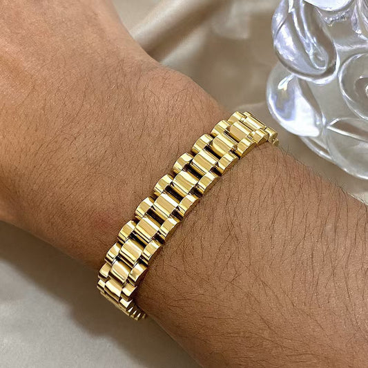10MM Gold Watch Link Bracelet - Polished 3-Row Links