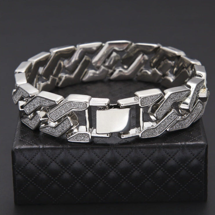 16MM White Gold Cuban Link Bracelet - Silver Glitter Chevron Links