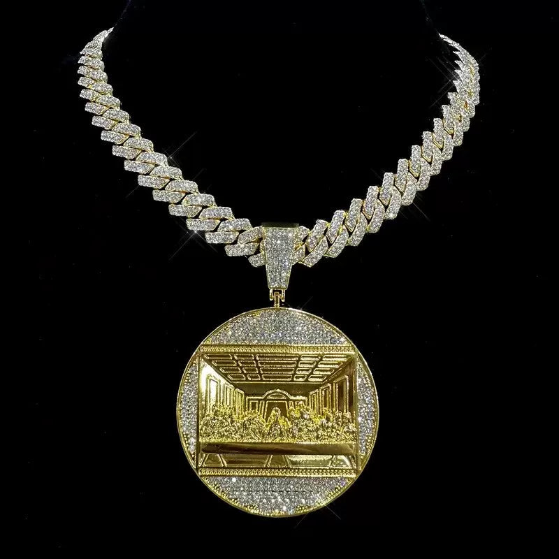Gold Jesus Pendant - Iced Last Supper Scene