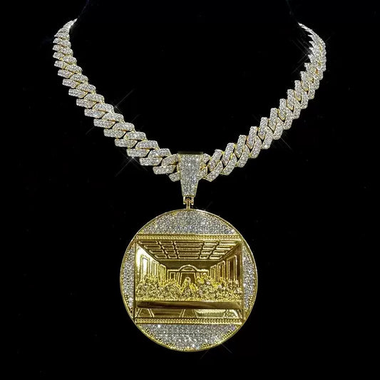 Gold Jesus Pendant - Iced Last Supper Scene