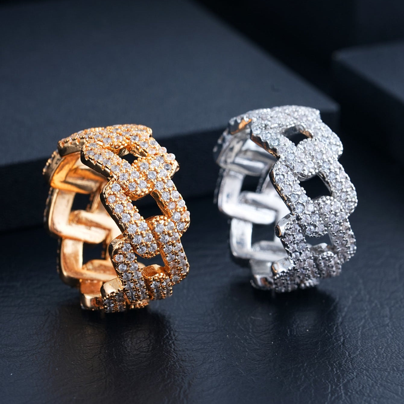 Gold Cuban Link Ring - Iced Open Square Links