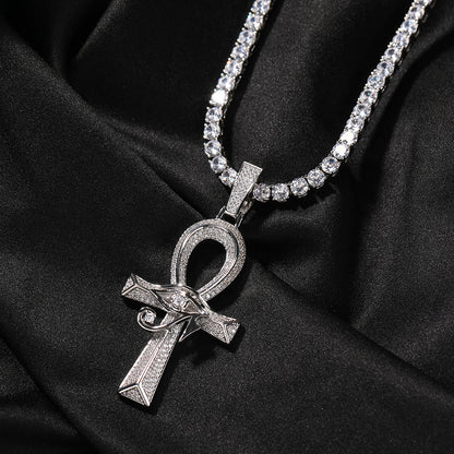 White Gold Cross Pendant - Iced Eye of Horus Ankh