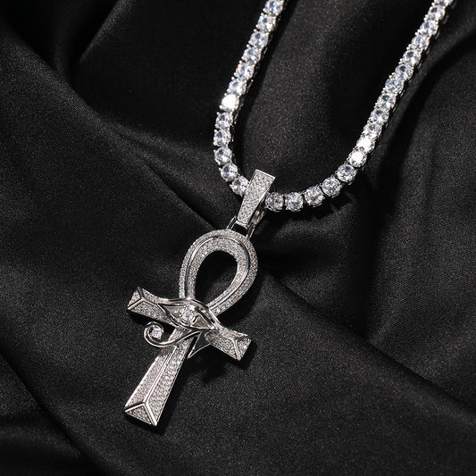 White Gold Cross Pendant - Iced Eye of Horus Ankh