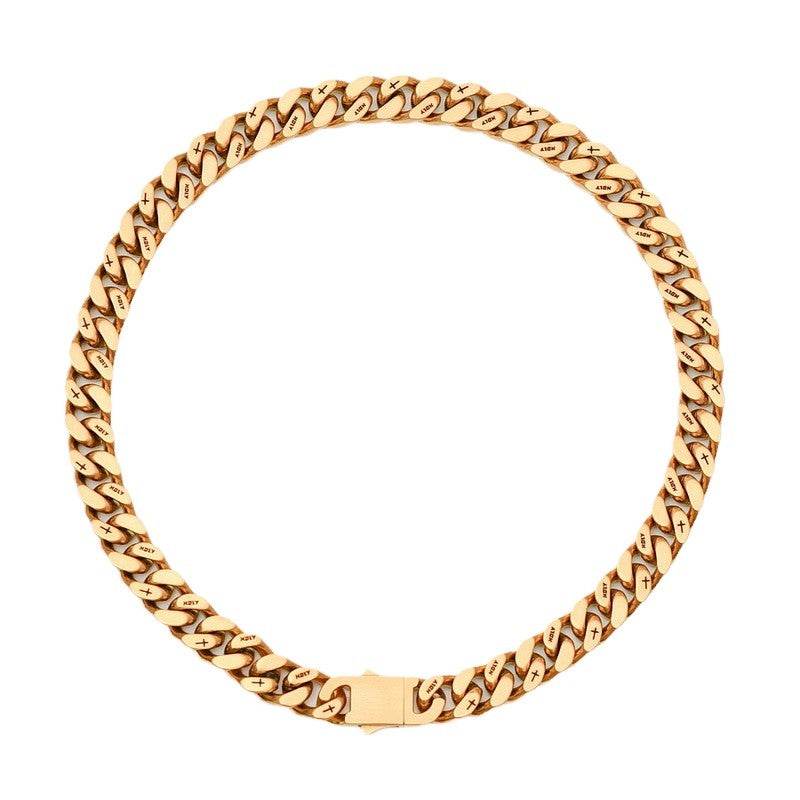10MM 18k gold plated cross Cuban link chain displayed in a circular loop against a white background with its box clasp