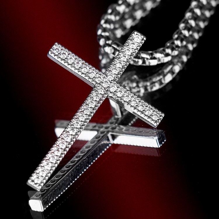 White Gold Cross Pendant - Slim Pavé Classic Cross