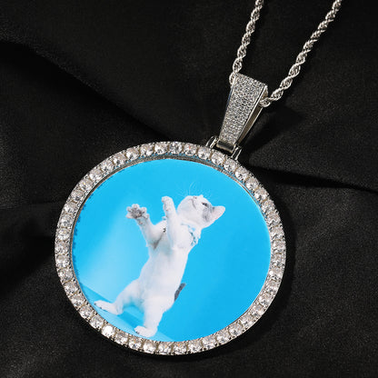 White Gold Picture Pendant - Iced Out Round Medallion