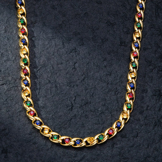 10MM Gold Cuban Link Chain - Multi-Color Stone Design