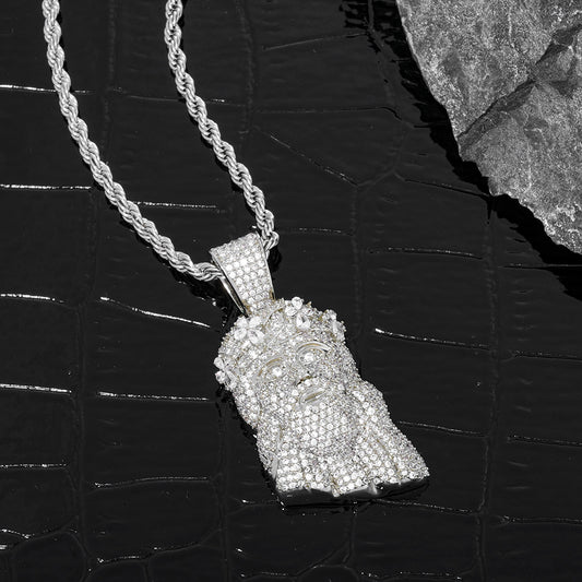 White Gold Jesus Pendant - Mini Crowned Jesus Head