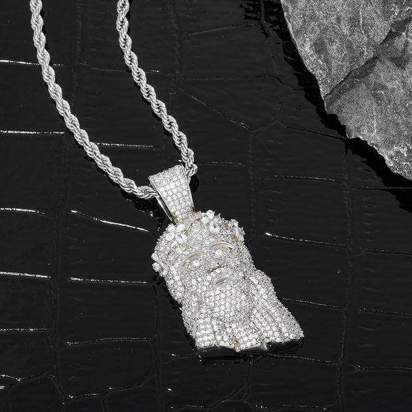 White Gold Jesus Pendant - Mini Crowned Jesus Head