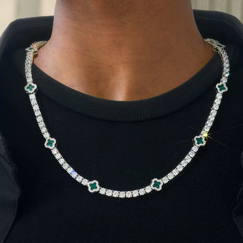 4MM white gold tennis chain worn around the neck