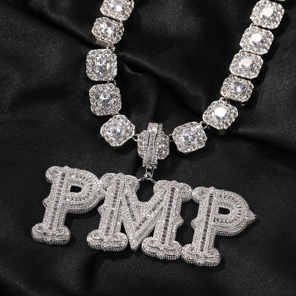 White Gold Custom Name Pendant - Baguette Gothic Nameplate