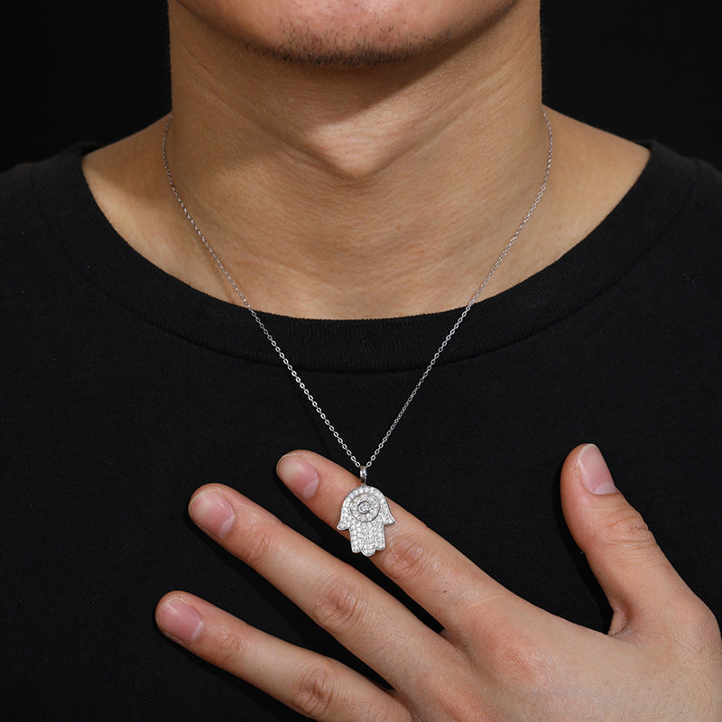 Moissanite Hamsa Pendant - White Gold S925 Circular Halo