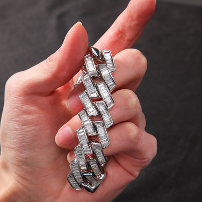 20MM White Gold Cuban Link Bracelet - Zigzag Baguette Links