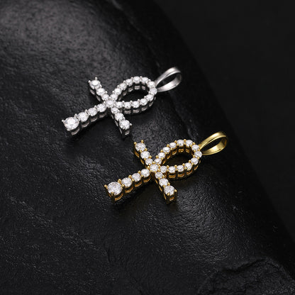 White Gold Moissanite Pendant - S925 Iced Ankh Cross