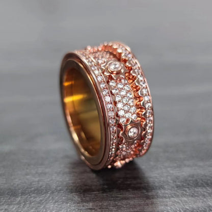 Rose Gold Spinner Ring - Iced Rotating Gear Center
