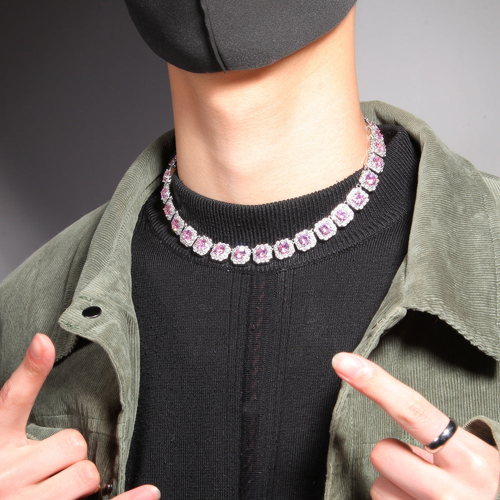 12MM Pink Tennis Chain - Men’s Iced Pink Diamond Chain
