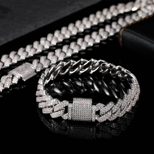 14MM White Gold Cuban Link Bracelet - Silver Slash Pavé Links