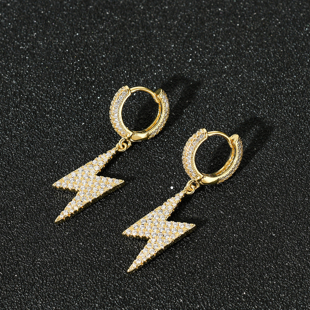 Gold Hoop Earrings - Iced Lightning Bolt Drops