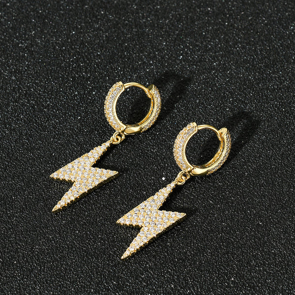 Gold Hoop Earrings - Iced Lightning Bolt Drops