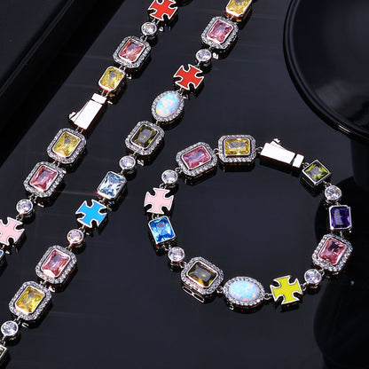 10MM White Gold Cross Link Chain - Iced Opal Gemstone Charms